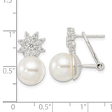 Sterling Silver Polish Shell Pearl & CZ Floral Leverback Post Earrings-WBC-QE16363