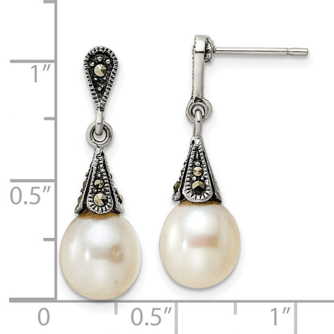 Sterling Silver Antiqued Marcasite FWC Pearl Post Dangle Earrings-WBC-QE16366