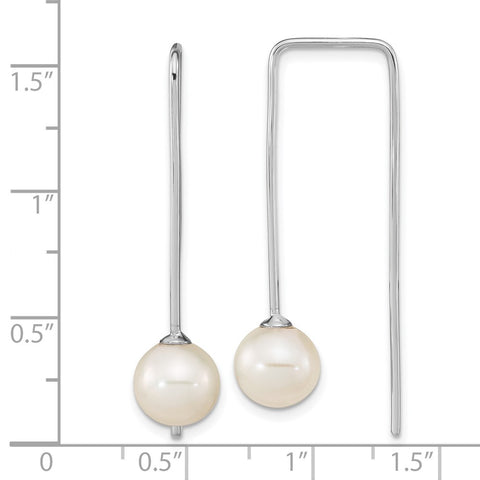 Sterling Silver Rh-plated 8-9mm White Round FWC Pearl Threader Earrings-WBC-QE16373