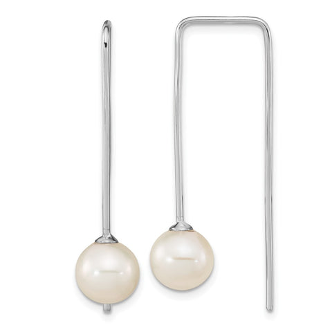 Sterling Silver Rh-plated 8-9mm White Round FWC Pearl Threader Earrings-WBC-QE16373