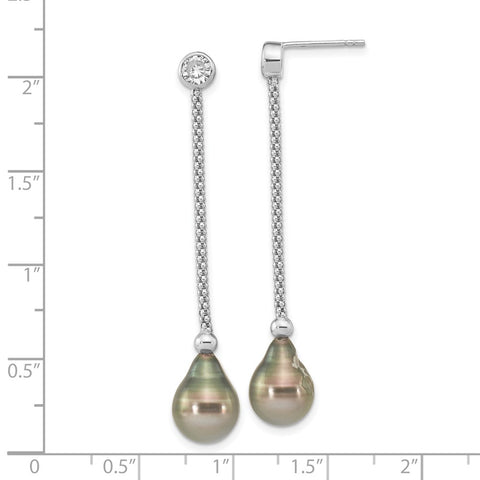 Sterling Silver RH (9-10mm) Teardrop Tahitian Saltwater Pearl CZ Earrings-WBC-QE16376