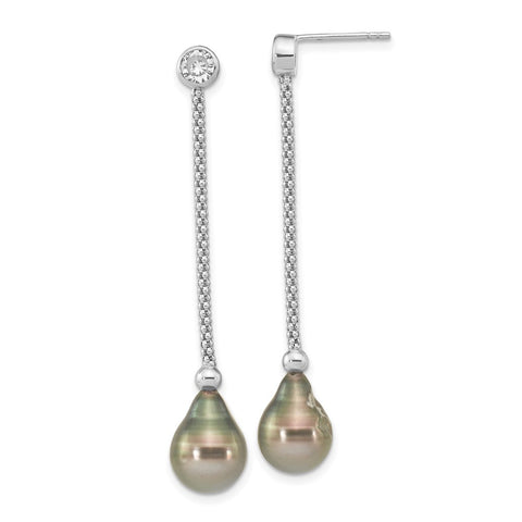 Sterling Silver RH (9-10mm) Teardrop Tahitian Saltwater Pearl CZ Earrings-WBC-QE16376