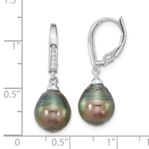 Sterling Silver RH (9-10mm) Teardrop Tahitian Saltwater Pearl CZ Earrings-WBC-QE16378