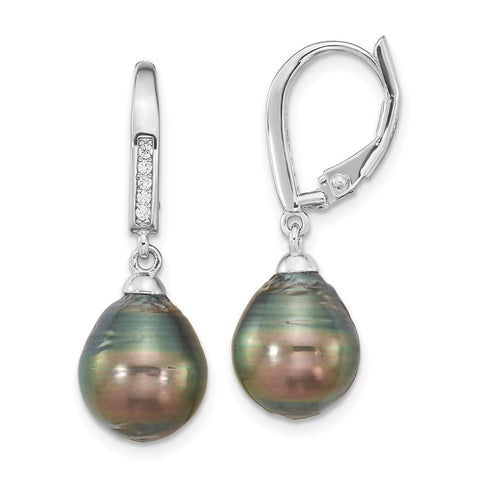 Sterling Silver RH (9-10mm) Teardrop Tahitian Saltwater Pearl CZ Earrings-WBC-QE16378