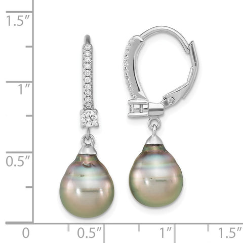 Sterling Silver RH (9-10mm) Teardrop Tahitian Saltwater Pearl CZ Earrings-WBC-QE16379