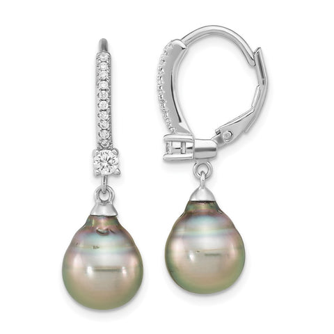 Sterling Silver RH (9-10mm) Teardrop Tahitian Saltwater Pearl CZ Earrings-WBC-QE16379