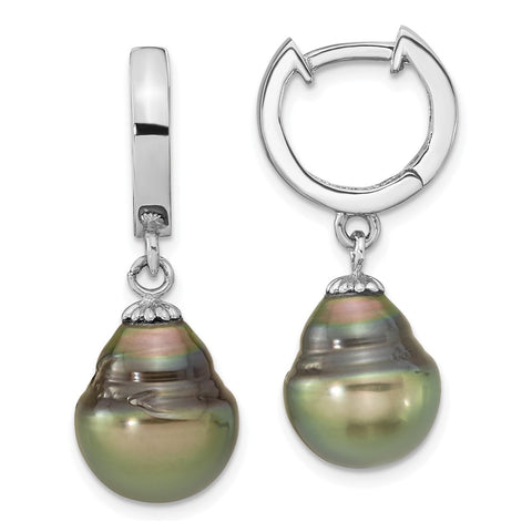 Sterling Silver RH (9-10mm) Teardrop Tahitian Saltwater Pearl Hoop Earring-WBC-QE16380