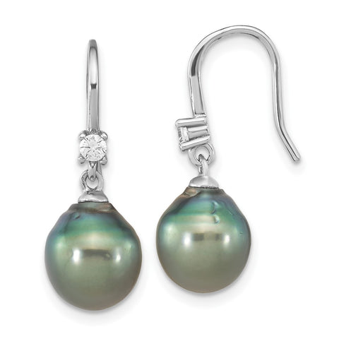 Sterling Silver RH (9-10mm) Teardrop Tahitian Saltwater Pearl CZ Earrings-WBC-QE16381