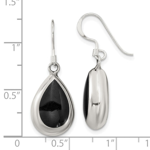 Sterling Silver Polished MOP & Synthetic Onyx Teardrop Dangle Earrings-WBC-QE16386