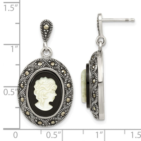 Sterling Silver Antiqued Black Agate Marcasite & MOP Cameo Post Dangle Earr-WBC-QE16388