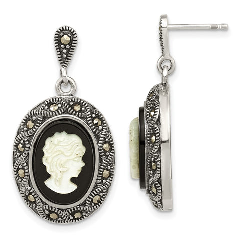 Sterling Silver Antiqued Black Agate Marcasite & MOP Cameo Post Dangle Earr-WBC-QE16388