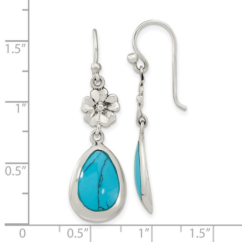 Sterling Silver Polish Floral Reconstituted Turquoise Teardrop Earrings-WBC-QE16393