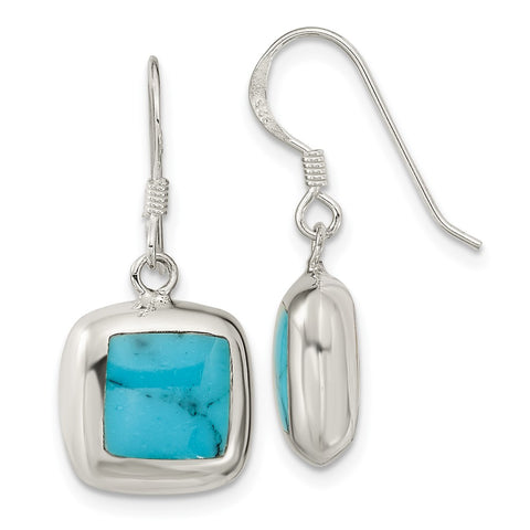Sterling Silver Polished Square MOP & Synthetic Turquoise Dangle Earrings-WBC-QE16394