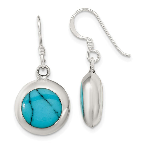Sterling Silver Polished Round MOP & Synthetic Turquoise Dangle Earrings-WBC-QE16395