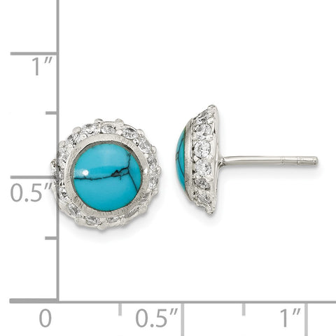 Sterling Silver Polished Round Reconstituted Turquoise & CZ Post Earrings-WBC-QE16400