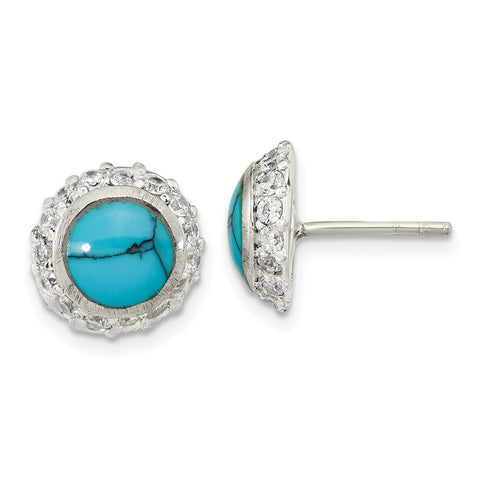 Sterling Silver Polished Round Reconstituted Turquoise & CZ Post Earrings-WBC-QE16400