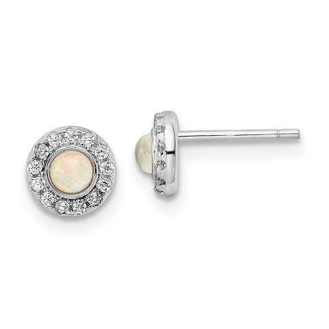 Sterling Silver Rhodium-plated Polished CZ & Lab Created Opal Post Earrings-WBC-QE16403