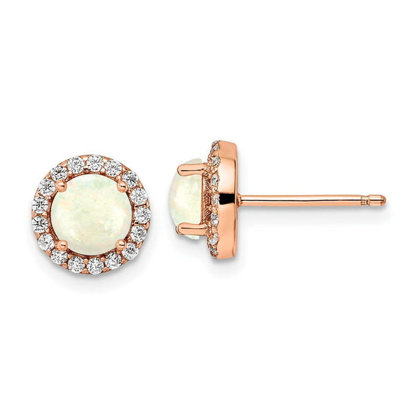 Sterling Silver Rose-tone White Created Opal & CZ Halo Post Earrings-WBC-QE16407