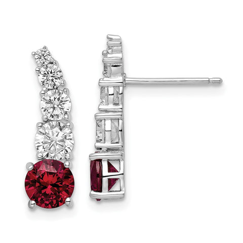 Sterling Silver Rhodium-plated Created Ruby and CZ Post Dangle Earrings-WBC-QE16412