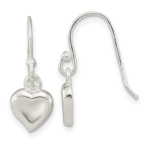 Sterling Silver Polished Heart Dangle Shephard Hook Earrings-WBC-QE16425