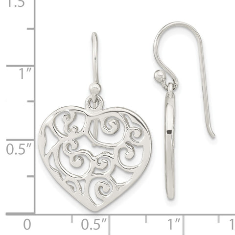 Sterling Silver Polished Filigree Heart Dangle Earrings-WBC-QE16442