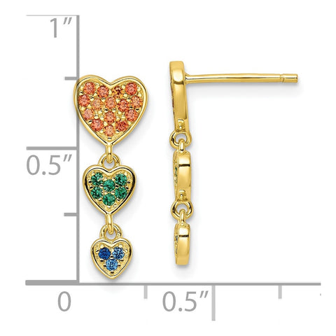 Sterling Silver Gold Tone Multicolor CZ Hearts Post Dangle Earrings-WBC-QE16444