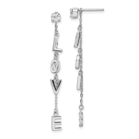 Sterling Silver Rhodium-plated Polished LOVE CZ Dangle Post Earrings-WBC-QE16450