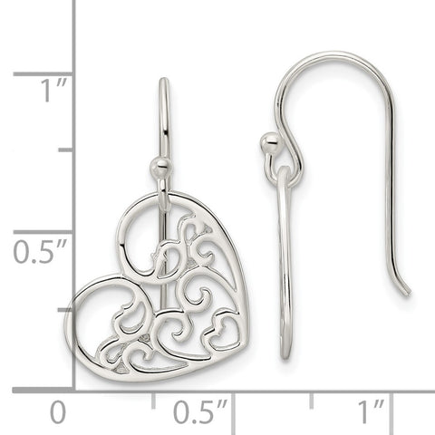 Sterling Silver Polished Heart Swirl Dangle Earrings-WBC-QE16453