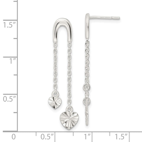 Sterling Silver Polished & D/C Heart Chain Dangle Post Earrings-WBC-QE16456