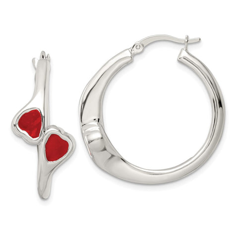 Sterling Silver Polished Red Enamel Hearts Circle Hoop Earrings-WBC-QE16459