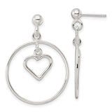 Sterling Silver Polished Circle w/Dangle Heart Post Earrings-WBC-QE16462