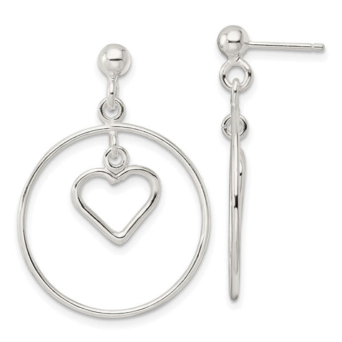 Sterling Silver Polished Circle w/Dangle Heart Post Earrings-WBC-QE16462