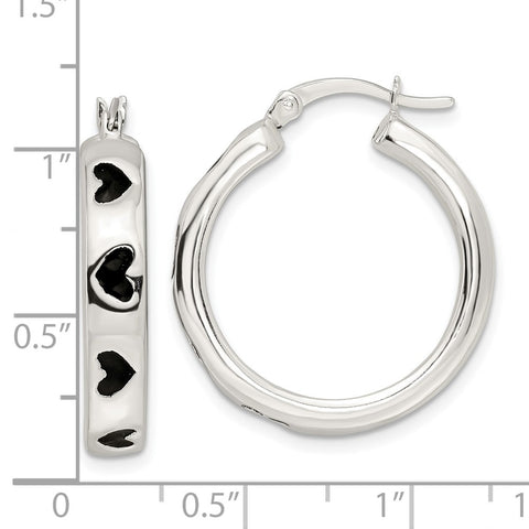 Sterling Silver Polished Black Enameled Hearts Circle Hoop Earrings-WBC-QE16463