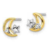 Sterling Silver RH-plated & Gold-plated Star and Moon CZ Post Earrings-WBC-QE16471