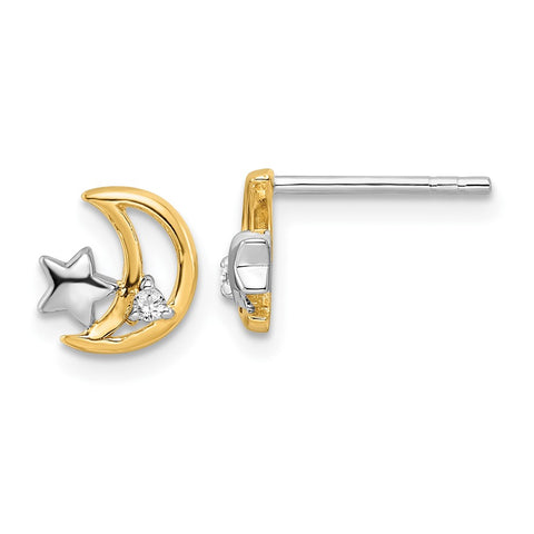 Sterling Silver RH-plated & Gold-plated Star and Moon CZ Post Earrings-WBC-QE16471