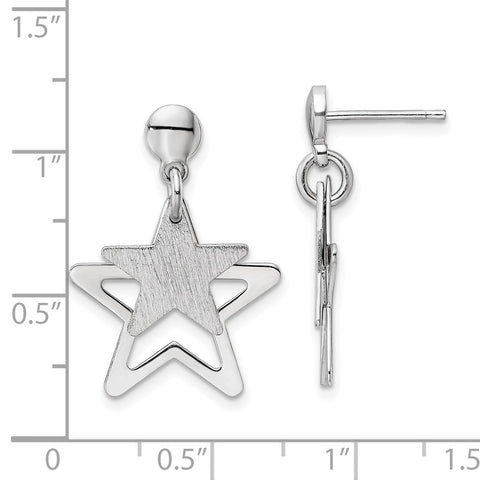 Sterling Silver Rhodium-plated Satin Star in Star Dangle Post Earrings-WBC-QE16487
