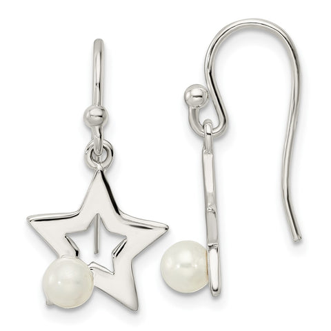 Sterling Silver Polished FWC Pearl Star Shepherd Hook Earrings-WBC-QE16491