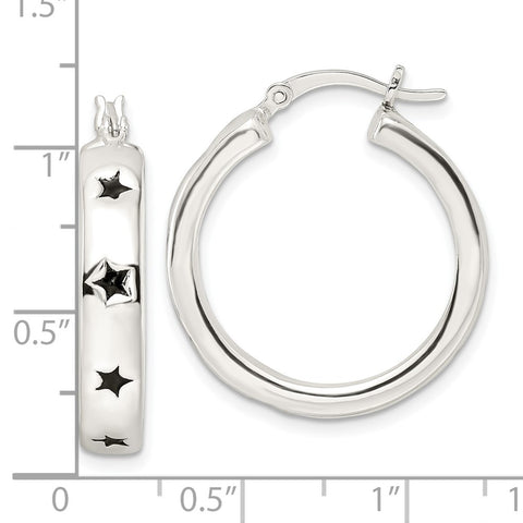 Sterling Silver Polished Black Enamel Star Circle Hoop Earrings-WBC-QE16494