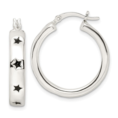 Sterling Silver Polished Black Enamel Star Circle Hoop Earrings-WBC-QE16494