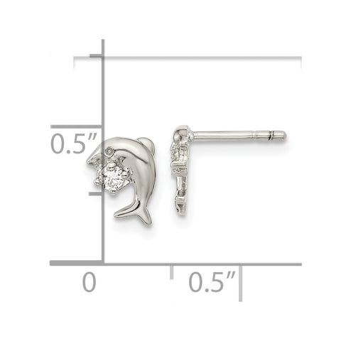 Sterling Silver Rhodium-plated CZ Dolphin Post Earrings-WBC-QE16496