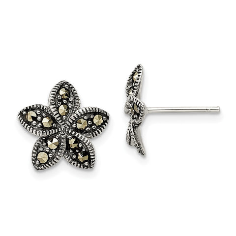 Sterling Silver Antiqued Marcasite Flower Post Earrings-WBC-QE16517