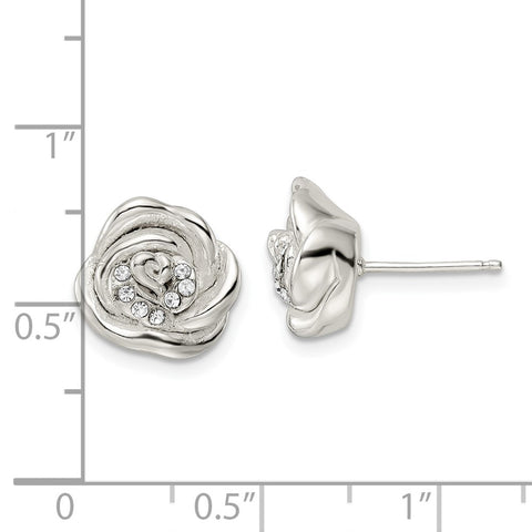 Sterling Silver Polished & Lasered Crystal Rose Post Earrings-WBC-QE16529