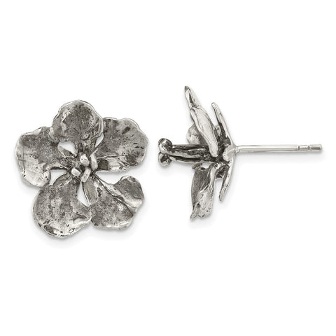 Sterling Silver Oxidized Peacock Flower Post Earrings-WBC-QE16532