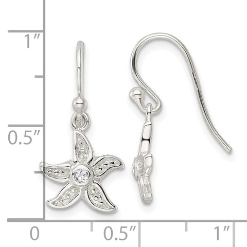 Sterling Silver Textured CZ Center Starfish Shepherd Hook Earrings-WBC-QE16534