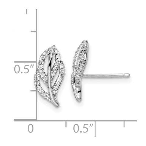 Sterling Silver Rhodium-plated Polished CZ Leaf Post Earrings-WBC-QE16540