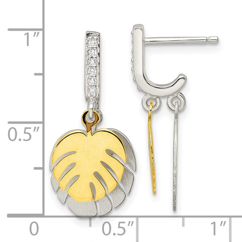 Sterling Silver Gold-tone Palm Leaves CZ J-Hoop Post Earrings-WBC-QE16543