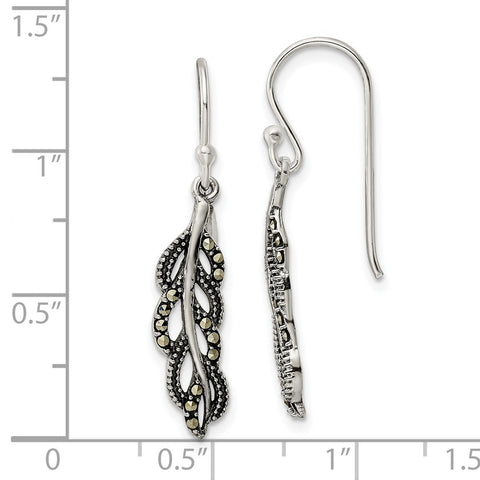 Sterling Silver Antiqued Marcasite Feather Dangle Earrings-WBC-QE16544