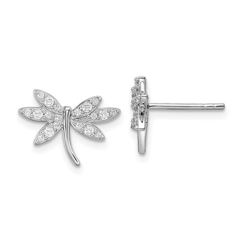Sterling Silver Rhodium-plated CZ Dragonfly Post Earrings-WBC-QE16549