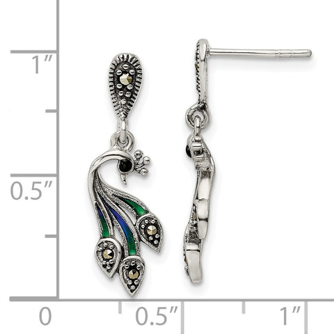 Sterling Silver Antiqued Marcasite Enameled Peacock Post Dangle Earrings-WBC-QE16553