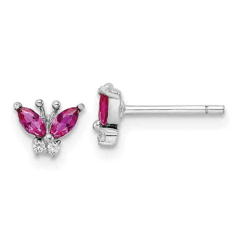 Sterling Silver Rhodium-plated Red & White CZ Butterfly Post Earrings-WBC-QE16555